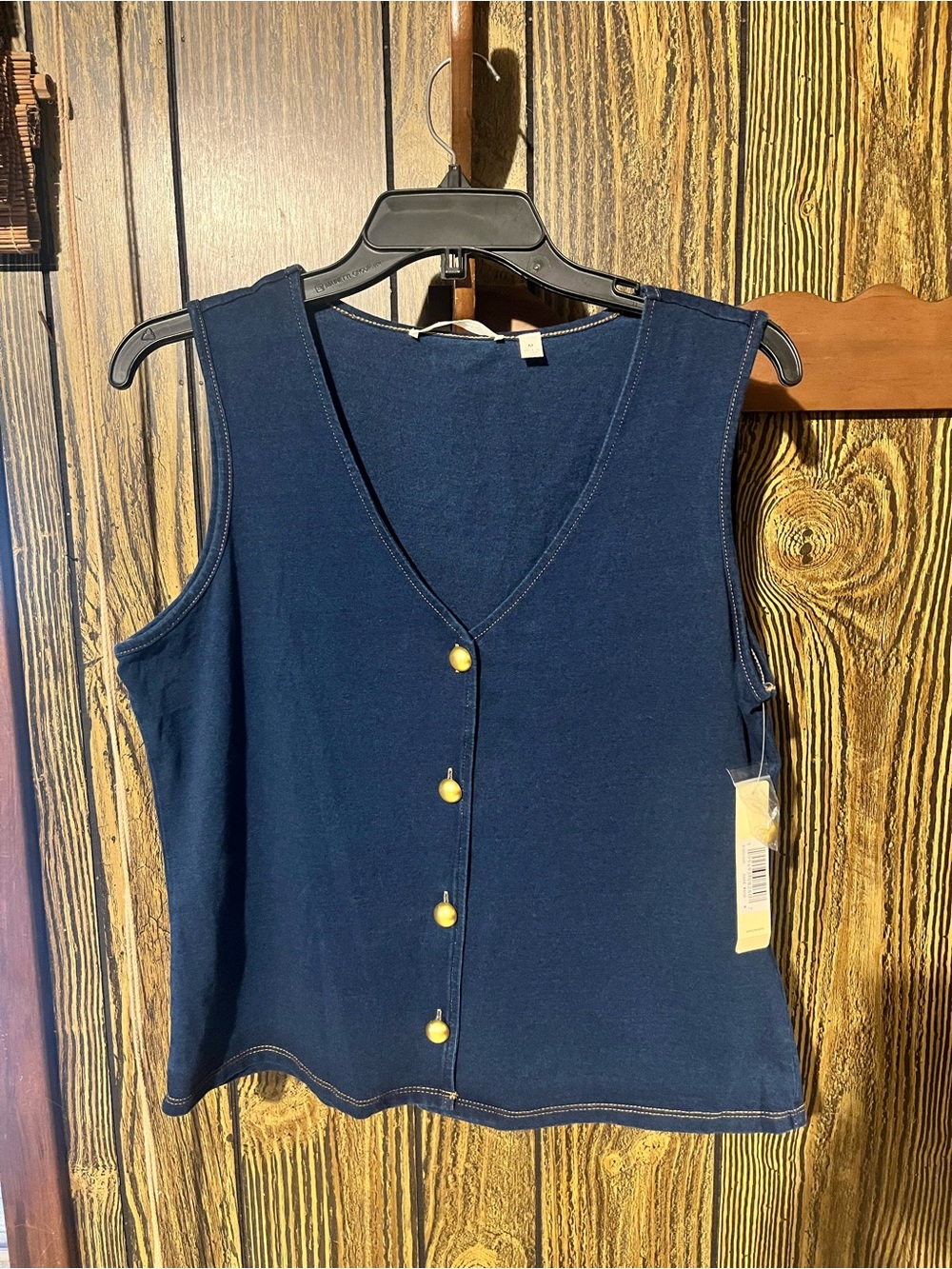 Cyrus Navy Sleeveless V-Neck Tank with Gold Buttons